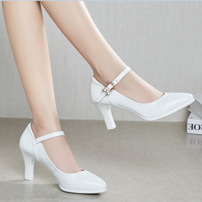 Cheongsam Runway Show High Heels White Pointed Toe Shallow Single Shoes Model T-Stage Performance Medium Thick Heel Ankle Strap Work Shoes for Women