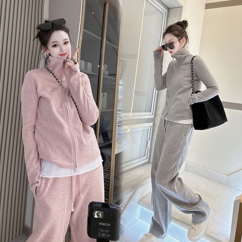 Casual Sports Suit for Women, Spring and Autumn 2024 New Style, Fashionable and Slimming, Knitted Sweatshirt and Wide-Leg Pants Two-Piece Set