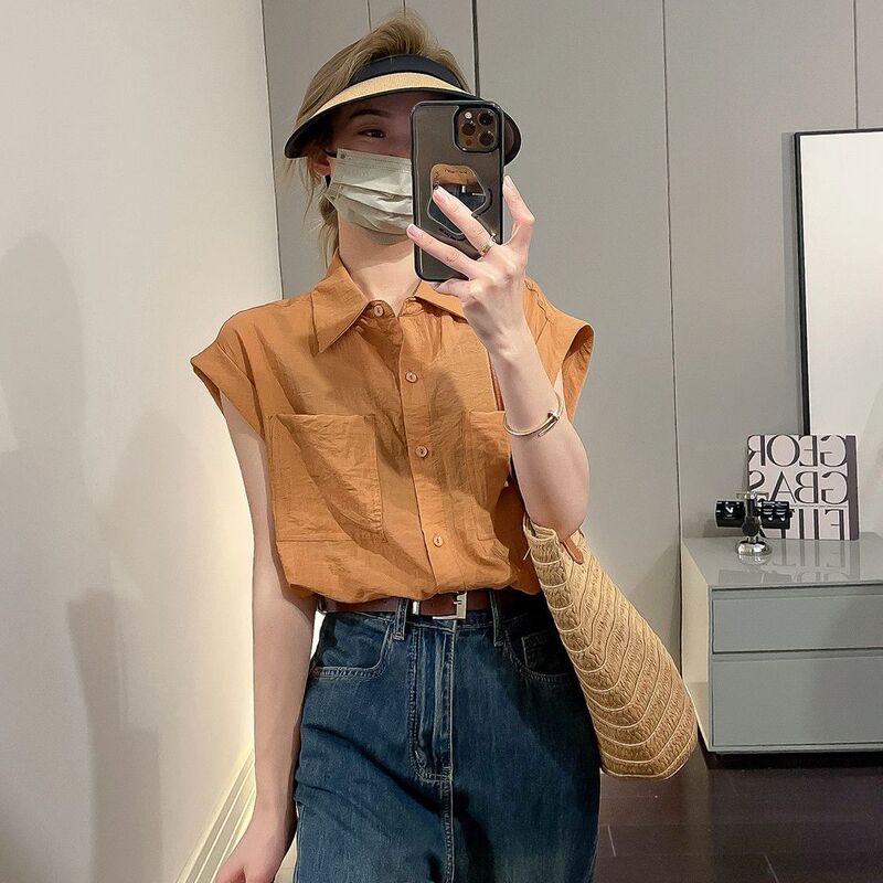 Sleeveless Thin Shirt 2024 Summer New Women's Korean Style Polo Collar Loose Fashion Petite Casual Top