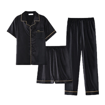 Catman Ice Silk Pajamas Mens Three-piece Set 2024 New Thin Short-Sleeved Shorts Summer Simulated Silk Mens Home Clothes