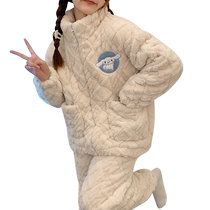 Catman pajamas for women winter plus velvet and thickened three-layer quilted jacket ultra-thick coral velvet can be worn outside the home clothes set