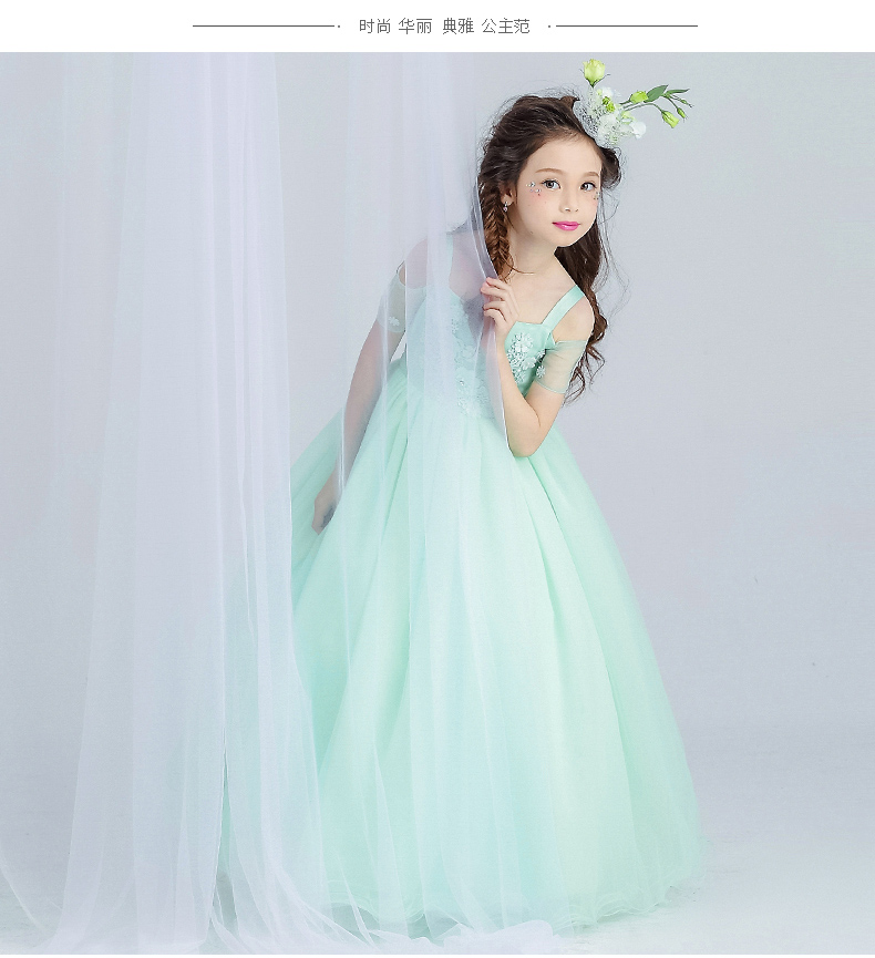 Công chúa váy cô gái ăn mặc dài trẻ em váy cưới váy hoa cô gái váy đàn piano múa váy hiệu suất chương trình váy đồ biểu diễn trẻ em