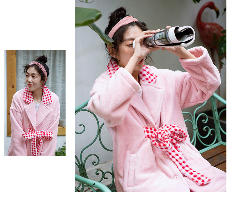 [Fold] mùa đông san hô nhung nữ đồ ngủ dày đơn giản lưới nhà quần áo ấm flannel dịch vụ nhà phù hợp quần áo ngủ nữ