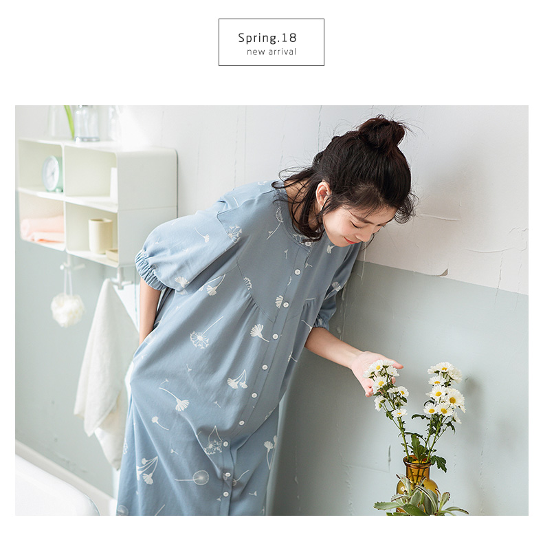 Dễ thương mùa xuân và mùa thu nữ đồ ngủ cotton cardigan áo ngủ dài năm điểm tay áo dễ thương lỏng lẻo dịch vụ nhà vay cotton
