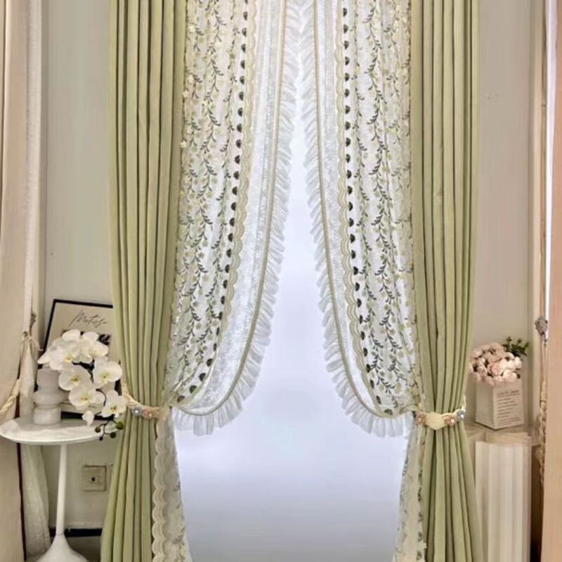 New Window Decor: Curtains with Side Tulle, Rhinestones, Green Floral Wide Lace, French-Style Small Floral 3D Lace