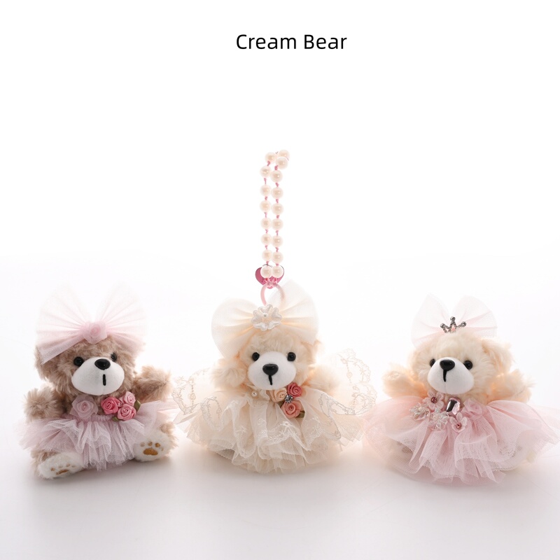 Handmade Lace Wedding Dress Bear Keychain Bag Pendant for Girls Plush Bear Doll Bead Chain Decoration