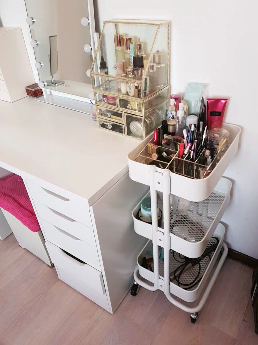 Net red white three-tier cosmetic trolley rack kitchen storage rack living room Lasker storage shelf