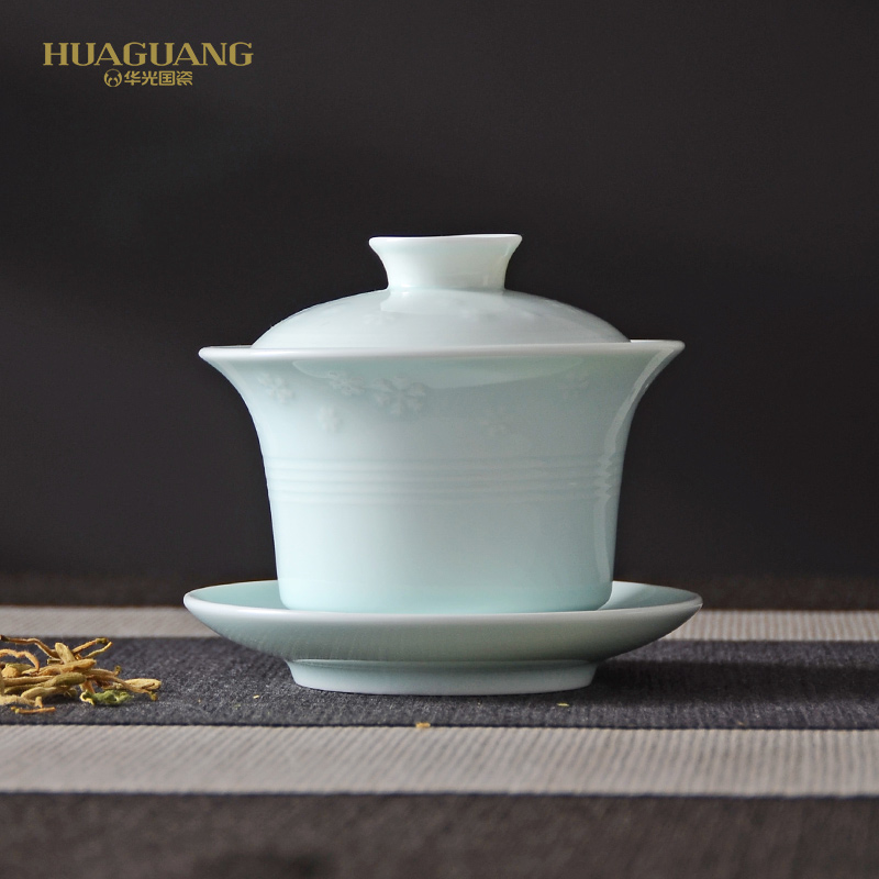 Uh guano ceramic HuaQingHua jade porcelain tea tureen only three bowl of white snow tea tureen gift boxes