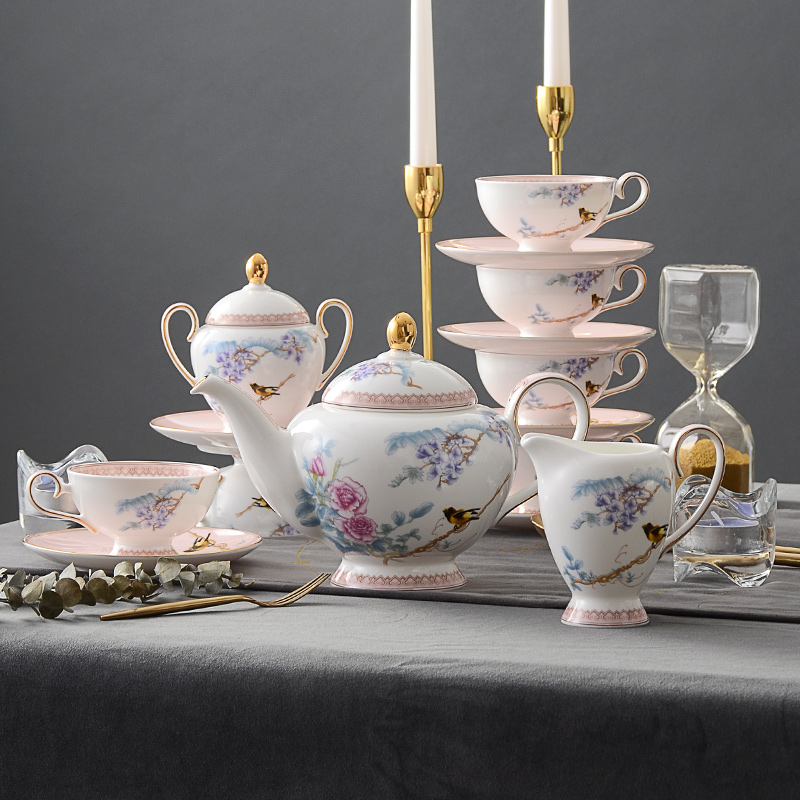 Huaguang Ceramic Upscale European Style Coffee With Bone China Tea Café Coffee Cup Suit Rich peony 