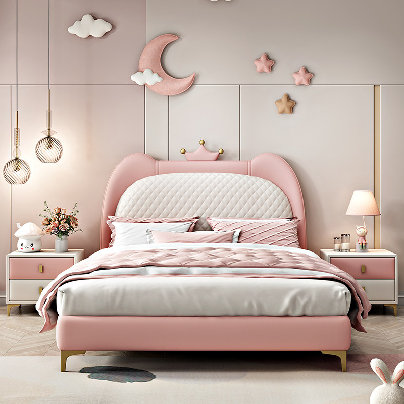 Children's bed girl princess bed leather pink girl's bed bedroom girlish dream light luxury modern simple single bed