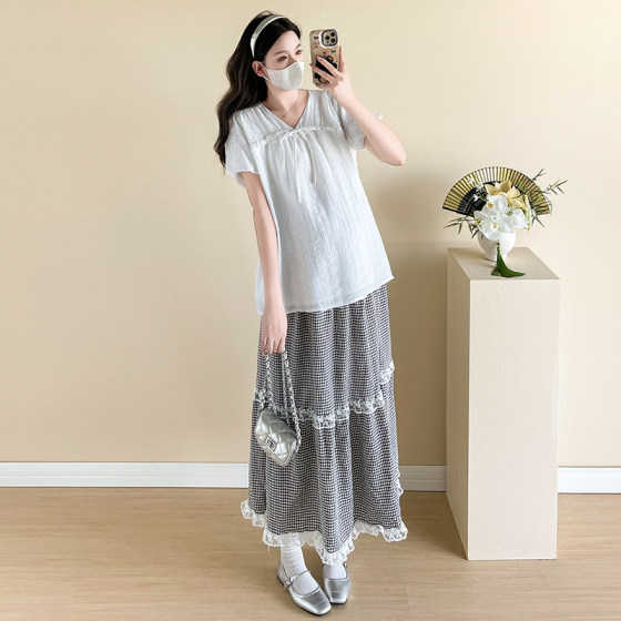 实拍 2025夏装新款法式短袖雪纺衬衫+裙子 孕妇套装女