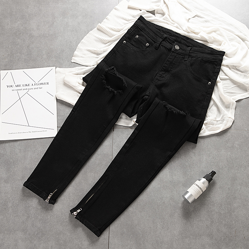 Fashion Jeans Slim Fit Zipper European and American High Street Black Ripped Casual Slim Denim Pants Men Summer