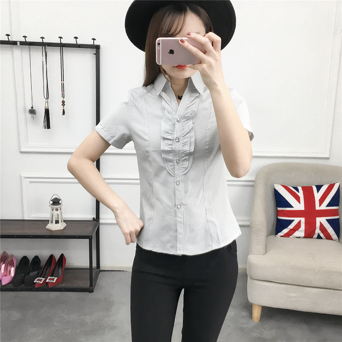 Phụ nữ đi lại thường xuyên dài tay mới sọc màu xám áo sơ mi nữ Hàn Quốc phiên bản của mỏng giảm béo CV áo sơ mi khí của phụ nữ quần áo áo sơ mi nữ dài tay cho người béo