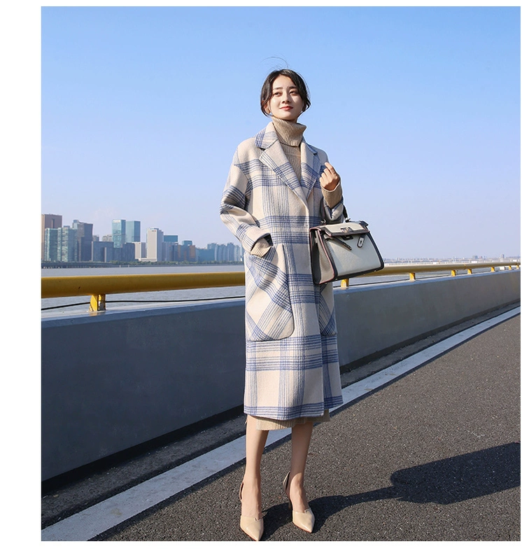 2020 mùa đông mới thời trang Hàn Quốc quần áo nữ rộng và mỏng giữa chiều dài áo khoác len kẻ sọc lớn - Trung bình và dài Coat