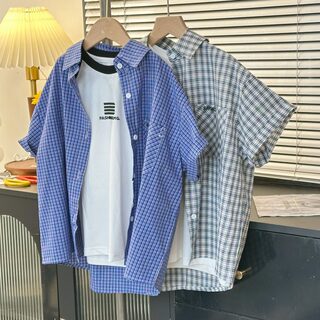 Boys' Short-Sleeved Shirt, Summer Outerwear, Sun Protection Clothing, Thin Jacket, Summer Plaid Half-Sleeve, 2025 New Style, Cool and Trendy