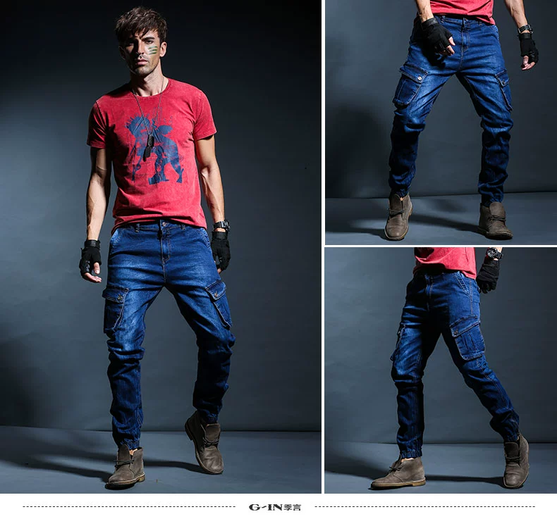 Mùa 2018 mới denim slim quần nhiều túi giản dị chân quần nam mùa xuân và mùa thu sang trọng