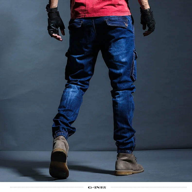 Mùa 2018 mới denim slim quần nhiều túi giản dị chân quần nam mùa xuân và mùa thu sang trọng