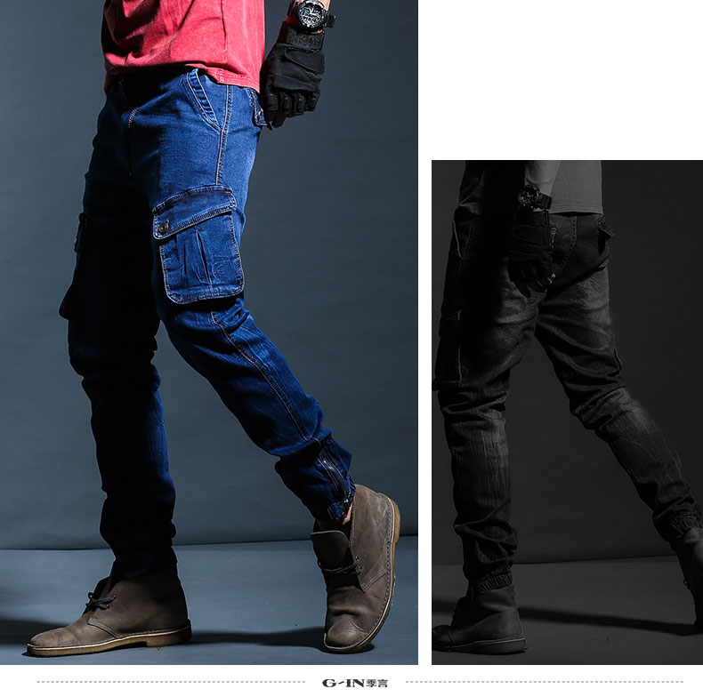 Mùa 2018 mới denim slim quần nhiều túi giản dị chân quần nam mùa xuân và mùa thu sang trọng quần vải nam