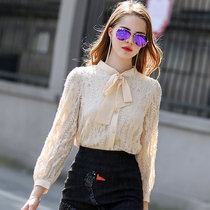 Long sleeve lace top female 2021 early autumn new style thin collar chiffon shirt shirt bow base shirt
