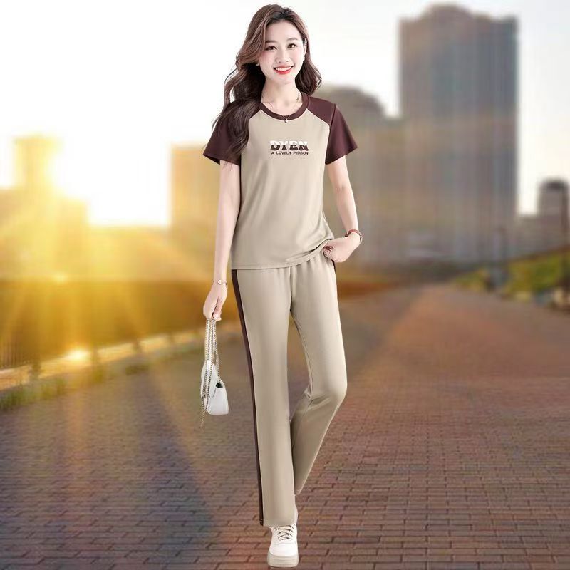 Hueq High-End Luxury Age-Reducing Ice Silk Short-Sleeved Sportswear Suit for Women Summer New Korean Style Fashion Casual Two-Piece Set for Women