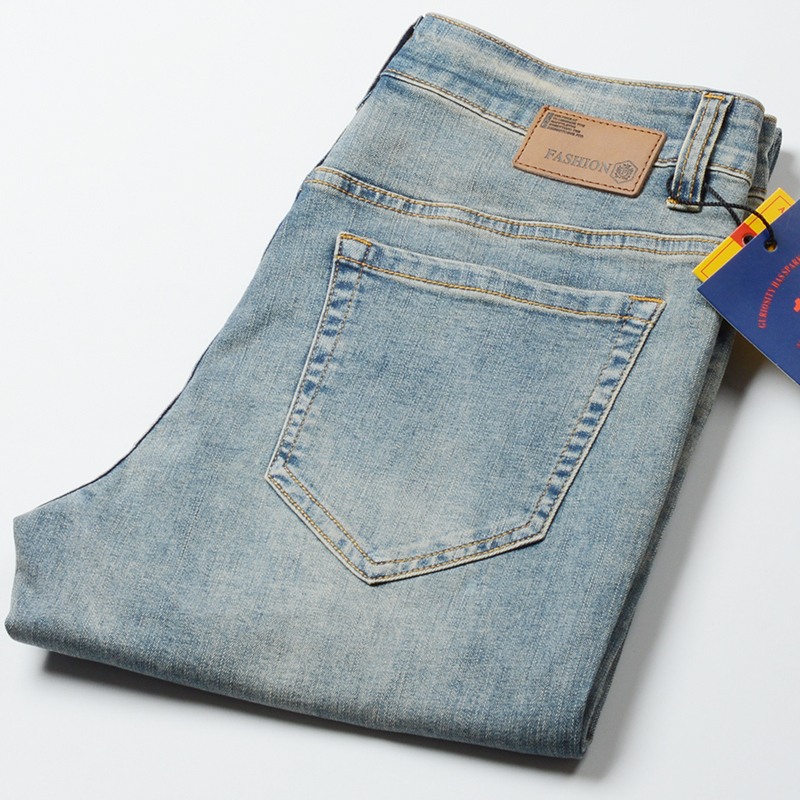 Big Brand Export Surplus Cotton Men's Clothing, Luxury Pure Cotton Jeans, Vintage Blue Straight Slim Fit Stretch