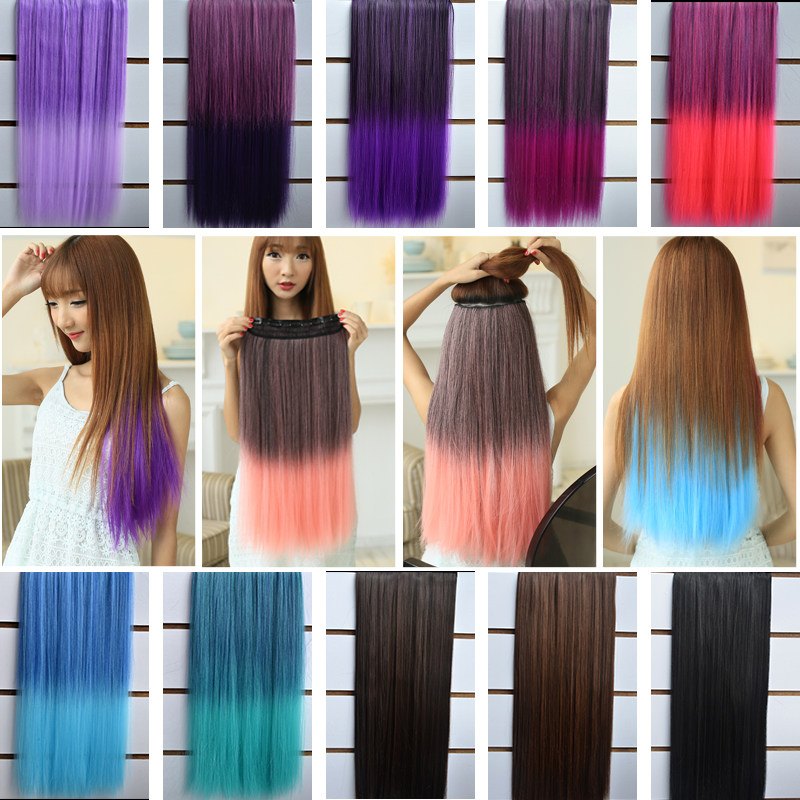 一片式假发片 彩色挑染直发片女 渐变式仿真发高温丝紫粉色奶奶灰
