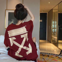 Net red ins Super fire short sleeve T-shirt female Korean version of loose OFF wine red tape arrow rendering couple coat tide