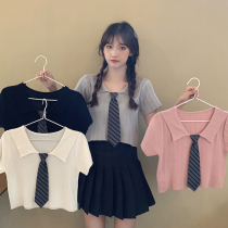 Retro polo tie short sleeve ice silk sweater womens summer dress 2021 New style outside the college style short top tide tide
