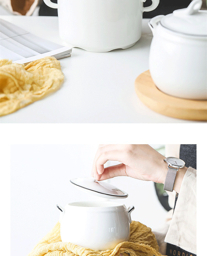 Nordic ceramic bird 's nest, stew stew with cover every water tank steamed soup bowl large ears, black side stew pot