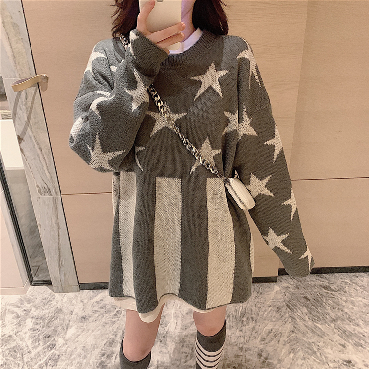 VK旗艦店 韓國風時髦重工款寬鬆顯瘦星星圓領長袖上衣