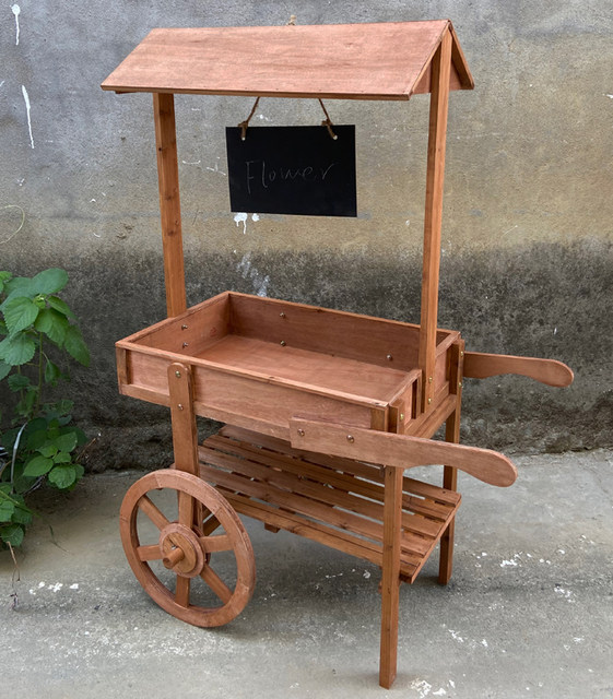 ສວນ Retro ອາເມລິກາສວນດອກໄມ້ succulent ຢືນໄມ້ປະດັບ rack ລໍ້ໄມ້ລໍ້ pastoral stall cart
