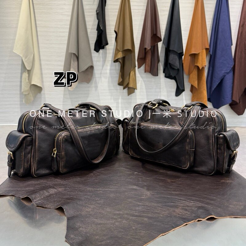 Miu's 25 Autumn/Winter Original Distressed Leather Pocket Biker-Style Large Sheepskin Handbag/Shoulder Bag