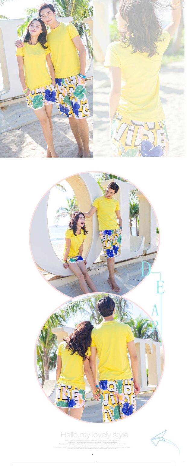 Qlz ảnh cưới người yêu mùa hè của phụ nữ áo thun nam tay ngắn Hàn Quốc kỳ nghỉ bên bờ biển quần short phù hợp 	quần áo đi biển giá rẻ	