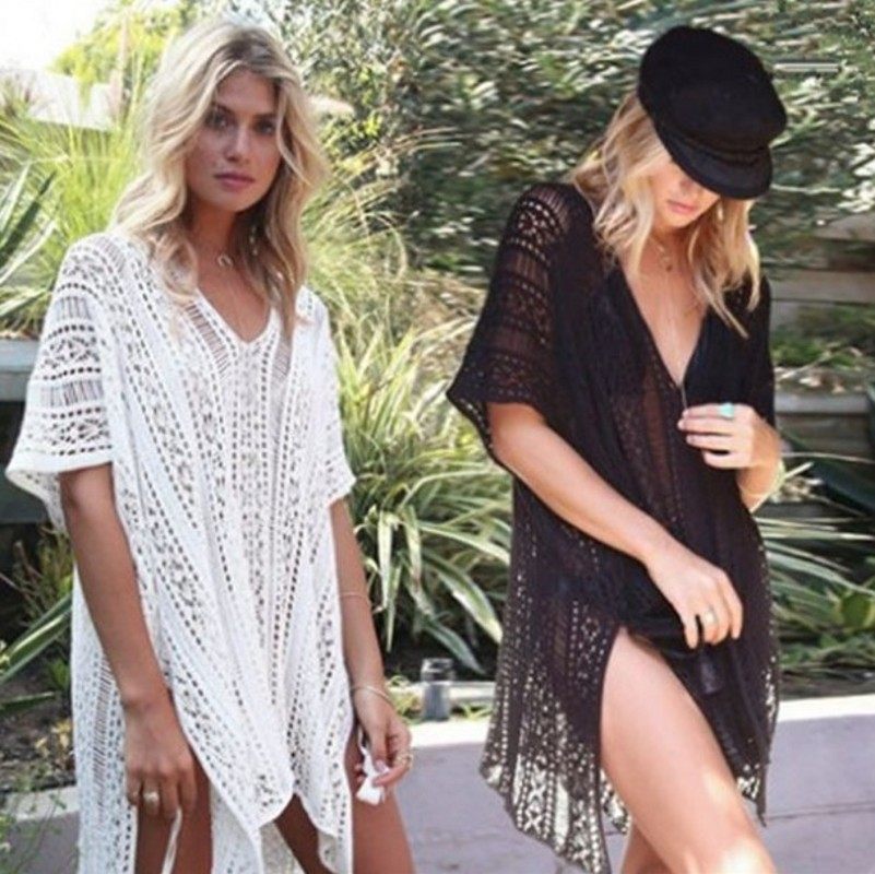 European and American V collar holiday bikini swimsuit hood hollowed-out hook flower beach jacket loose long sleeve head beach dress