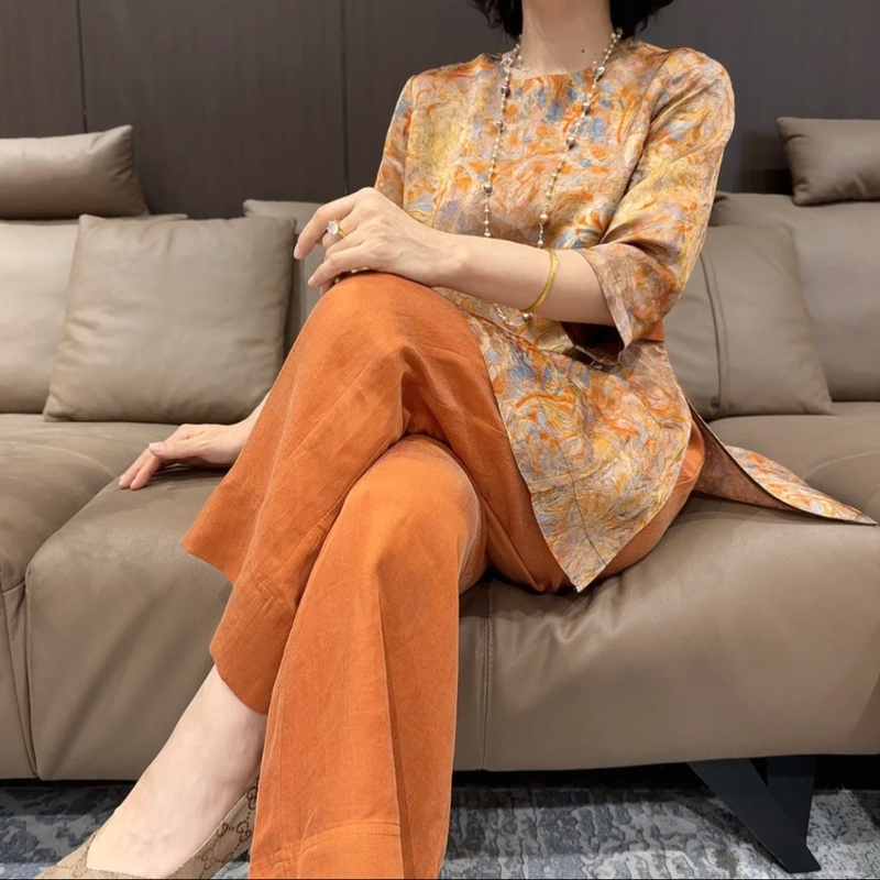 New Chinese-Style Romantic Colorful Oil Painting Style Floral Kumquat Color-Blocking Slimming Waist-Cinching Wide-Leg Pants Set 2026 New Model