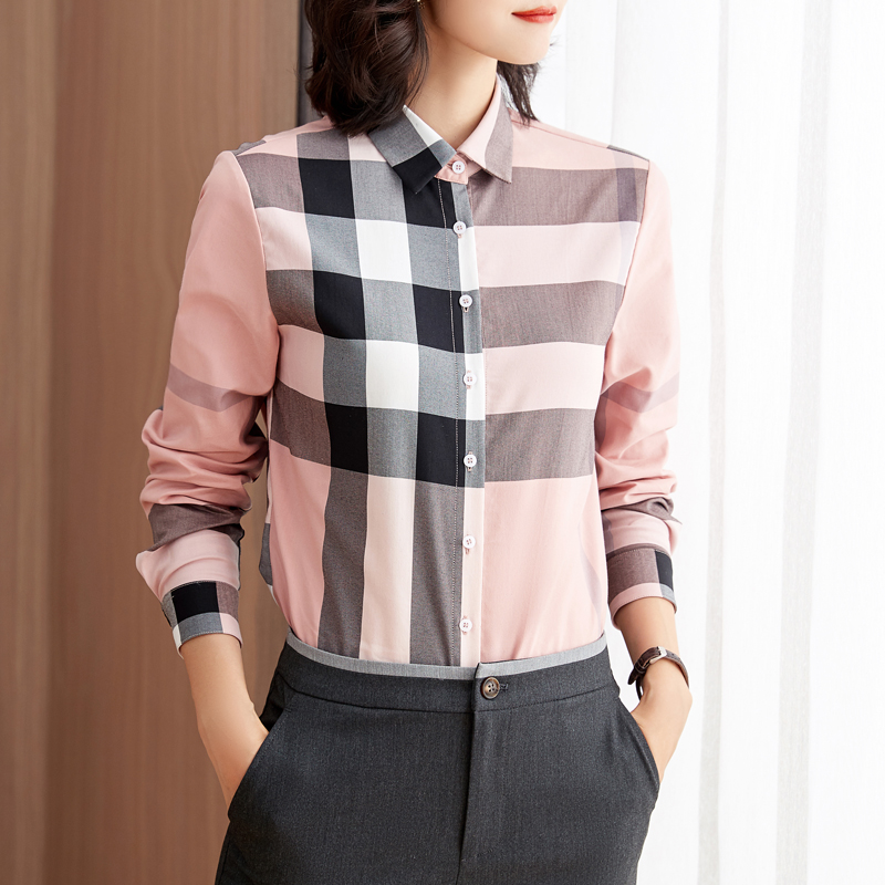 Pink plaid shirt women's long-sleeved 2021 new professional temperament in-line shirt slim design niche top