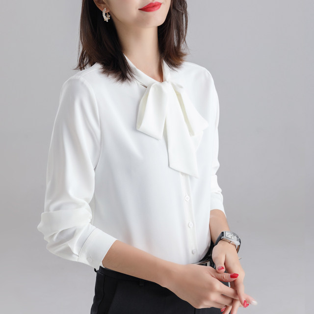 Bow tie shirt for women spring long-sleeved white top high-end fashion ribbon chiffon plus velvet white shirt for women to keep warm