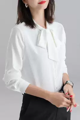 Bow shirt women long sleeve Spring and Autumn white shirt high-end office clothes temperament plus velvet ribbon chiffon white shirt