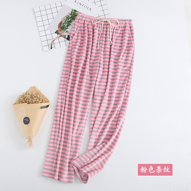 Quần sọc Nhật Bản quần flannel mùa thu và mùa đông lông cừu san hô ấm phần dày Đảo nhung ngủ quần nữ quần jean ống rộng nam