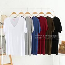 Foreign trade seamless summer mens short-sleeved t-shirt male modal solid color V-neck slim bottoming shirt trendy men