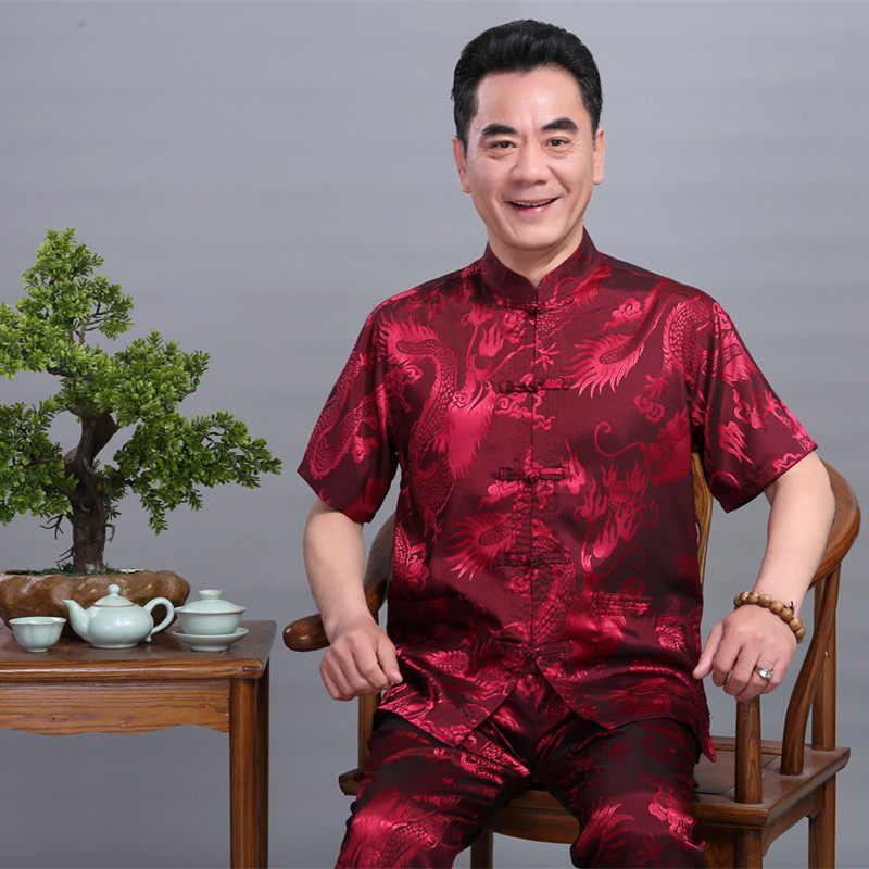Summer Chinatown Men's short sleeve suit in old age Silk Dad Summer Clothing Chinese Style Elderly Real Silk Grandpa Dress