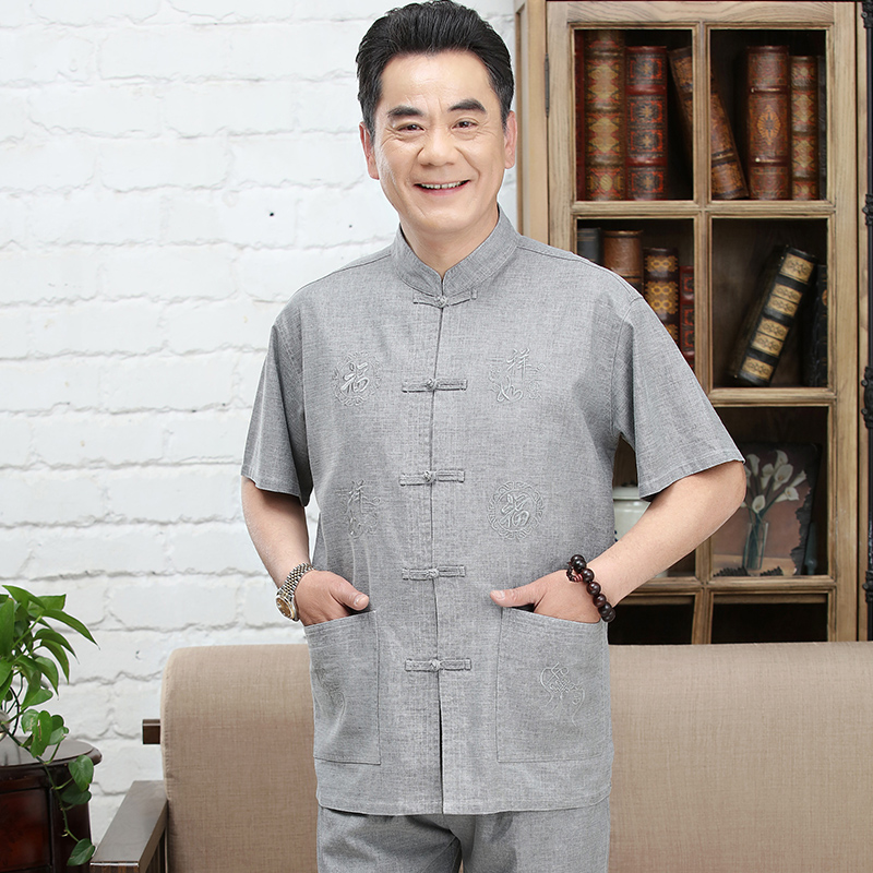 Linen Tang Dress Man Short Sleeve Suit Dad Summer Clothing Chinese Pan Button Embroidered Shirt Chinese Wind Grandpa Summer Clothes