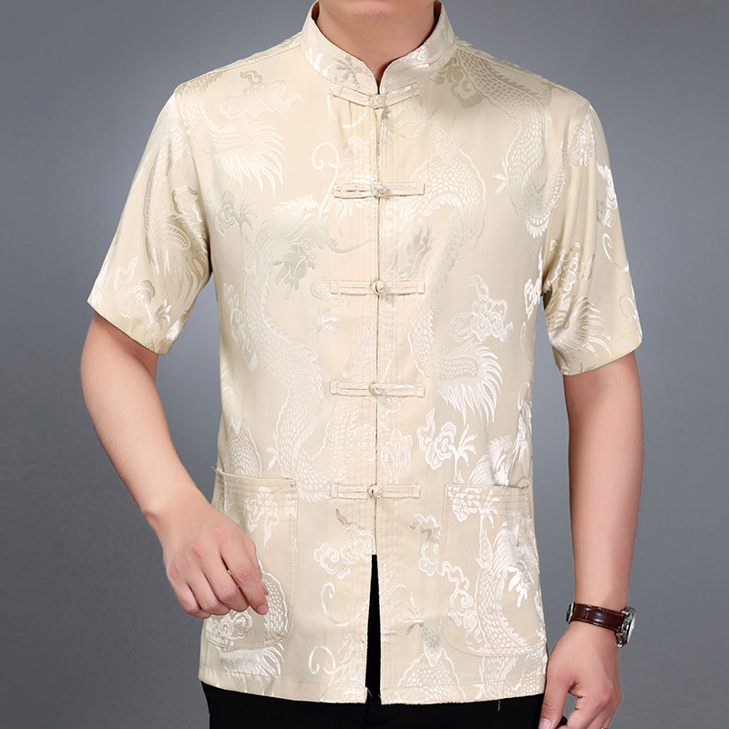 Middle-aged and elderly mulberry silk tangled short sleeve men's summer blouse Chinese style standout Han clothes for the elderly 50-60-70 clothes
