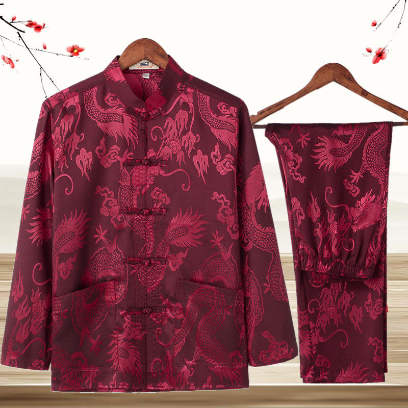 Mulberry Silk Tang Dress Man Middle-aged elderly Long sleeves Dad Grandpa Spring Summer clothes Chinese Wind Han clothes Men's elderly Tang Costume Suits