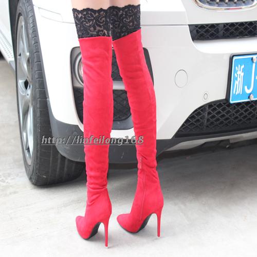 Trong khởi động đầu gối khởi động của phụ nữ stiletto kim loại nhọn siêu cao gót giày mùa thu và mùa đông mới trên khởi động đầu gối đàn hồi khởi động