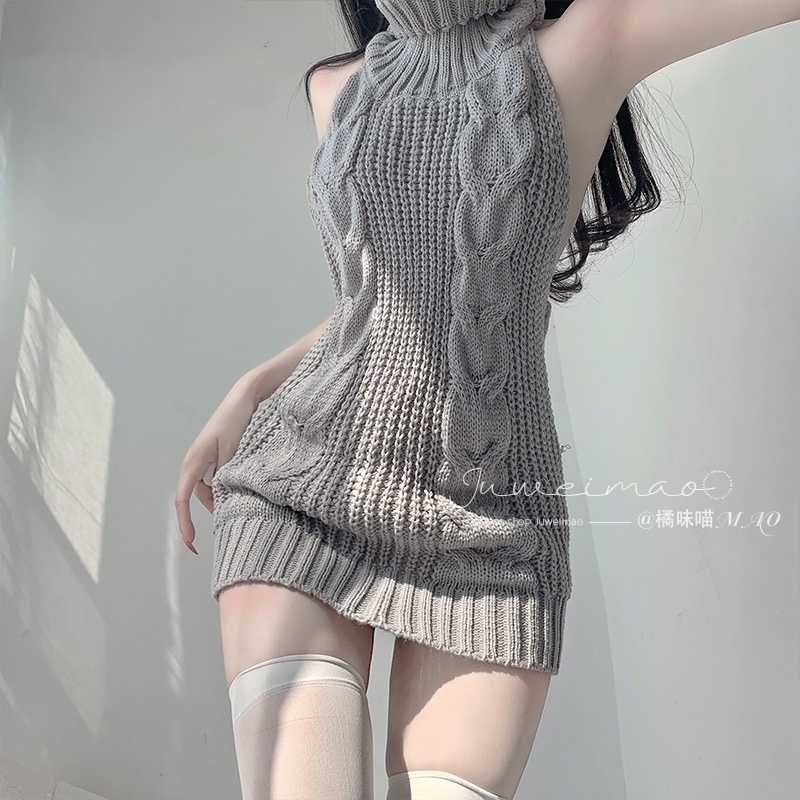 Halloween Outfit Japanese Style Sexy High-Neck Backless Sweater Two-Dimensional Tight-Fitting Long Knitted Bodycon Mini Skirt for Women Halloween Outfit Japanese Style Sexy High-Neck Backless Sweater Two-Dimensional Tight-Fitting Long Knitted Bodycon Mini Skirt for Women