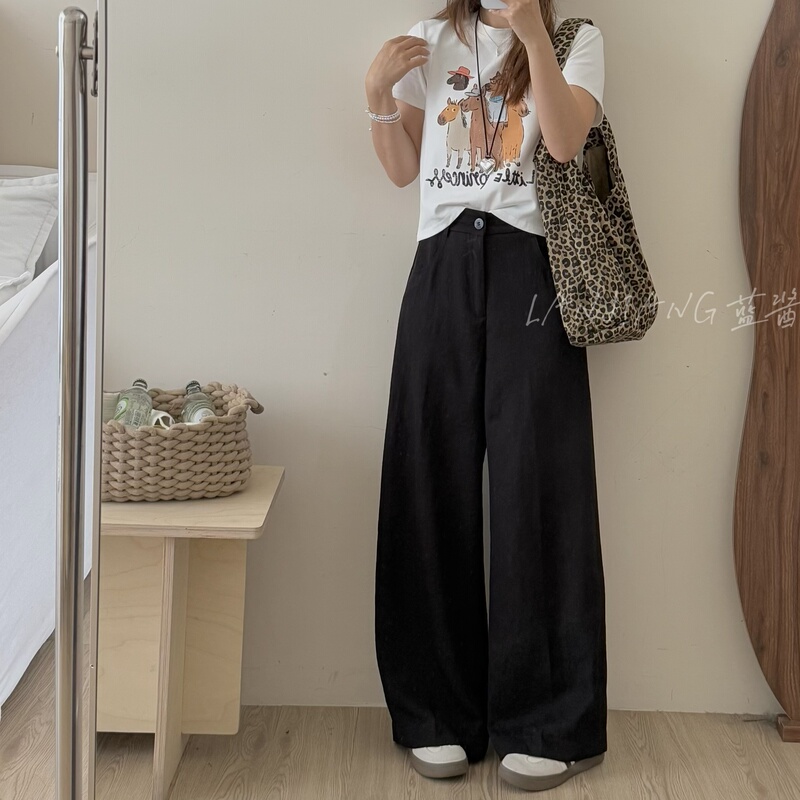 Lanjiang Street Chic Scimitar Pants~ Imitation Linen High-Waisted Slimming Breathable Comfortable Wide-Leg Pants Casual Pants
