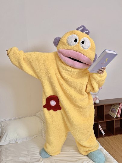 正版丑鱼连体睡衣冬季珊瑚绒加厚保暖卡通搞怪抽象睡袍家居服大码
