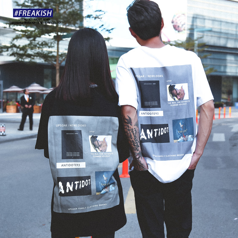 欧美高街说唱复古印花oversize吊肩宽松男纯棉t恤情侣日系短袖t恤