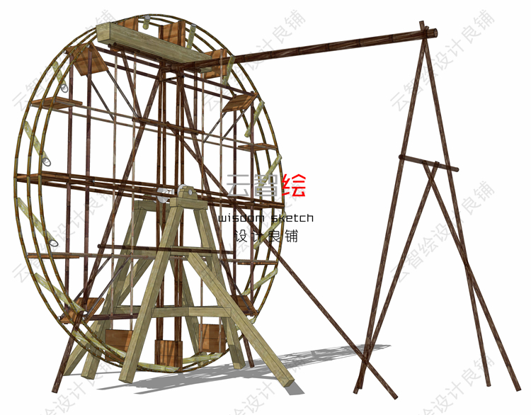 T23 水车sketchup SU模型景区庭院景观-11